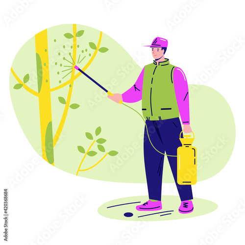 Spring processing of garden trees. A man sprays trees from diseases and insect pests. Vector illustration in flat style.