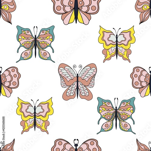 Beautiful butterflies. Seamless pattern. Pastel colors. Collection of isolated flat cartoon vector illustrations.