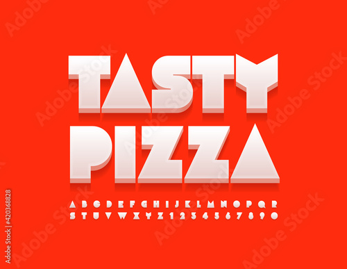 Vector bright Poster Tasty Pizza. Original 3D Font. Modern Alphabet Letters and Numbers