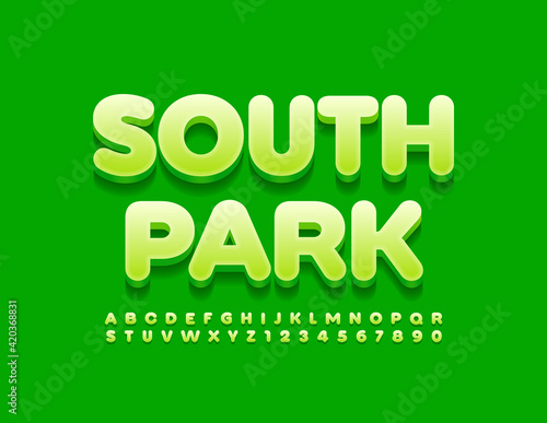 Vector bright Emblem South Park. Green 3D Fonts. Creative Alphabet Letters and Numbers.