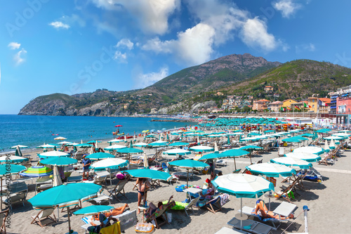 Beach with umbrellas in Sestri Levante Italy