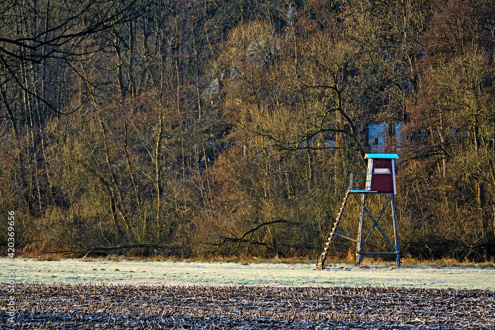 Naklejka premium Hochsitz im Sonnenaufgang,