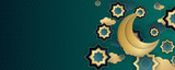 Universal Ramadan Kareem Horizontal Banner. Ramadan Kareem greeting cards set. Ramadan islamic holiday invitations templates collection with gold crescent moon, hand drawn lettering and mosque.