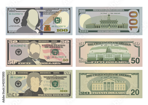 Set of one hundred dollars, fifty dollars and twenty dollar bills in new design. 100, 50 and 20 US dollars banknotes from front and reverse side. Vector illustration of USD isolated on white