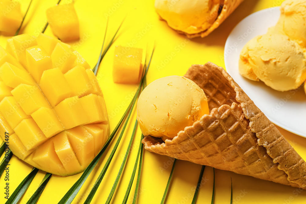 Composition with mango ice cream on color background - obrazy, fototapety, plakaty 