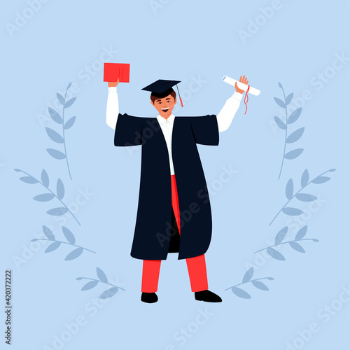 The happy guy graduated from an educational institution. Graduate with diploma and scroll. Full-length graduate. A man in a black dress and a graduation hat. Flat vector illustration.