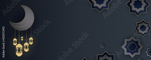 ramadan kareem islamic greeting card background vector illustration. Ramadan Kareem Horizontal Banner with lantern and moon. Gold moon and abstract luxury islamic elements background
