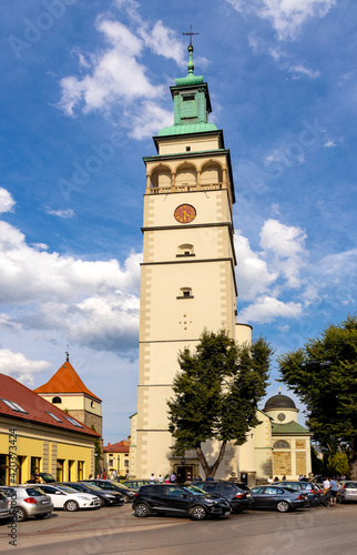 Main tower of Cathedral of Nativity of Blessed Virgin Mary in Zywiec historic city center in Silesia region of Poland