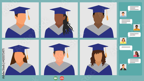 Online meeting graduates, virtual graduation. Screen laptop, video call and chat. Vector illustration