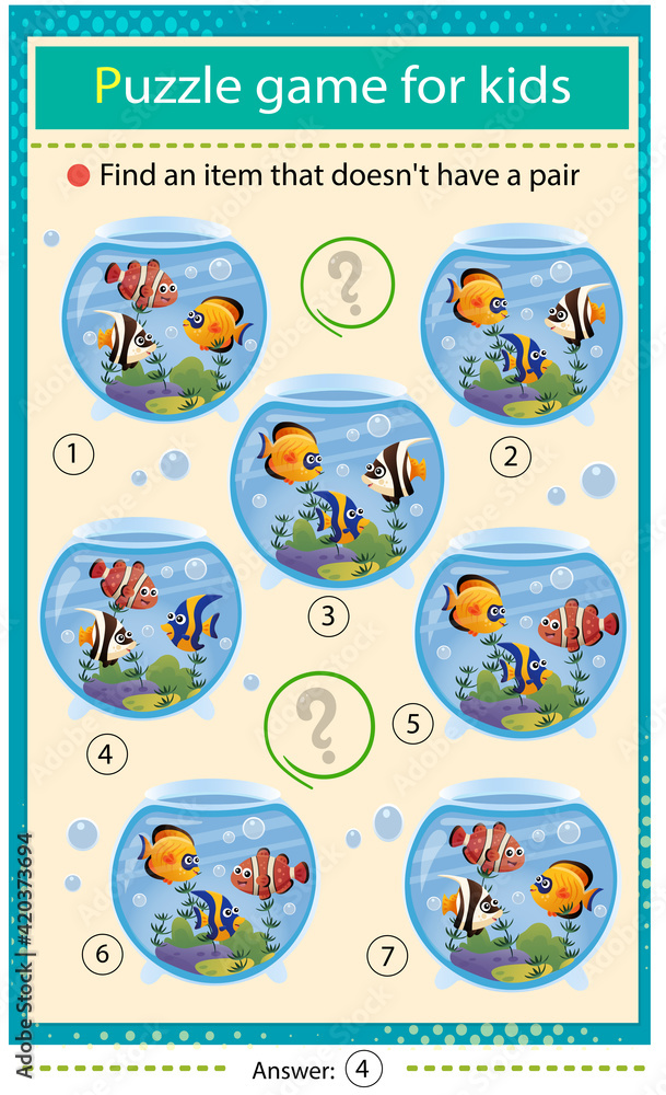 Find a item that does not have a pair. Puzzle for kids. Matching game, education game for children. Aquarium fishes. Clownfish, guppy, angelfish. Worksheet to develop attention. Find a item that does not have a pair. Puzzle for kids. Matching game, education game for children. Aquarium fishes. Clownfish, guppy, angelfish. Worksheet to develop attention.