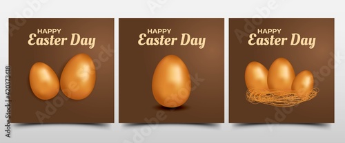 Happy Easter day social media post. Modern luxury social media post templates collection with hand drawn lettering and gold egg. Suitable for social media, banner, card, and web internet.