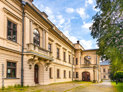 Fototapeta Naklejka Na Ścianę i Meble -  New Zywiec Castle, south-eastern wing of Habsburgs Palace within historic park in Zywiec old town city center in Silesia region of Poland