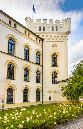 Zywiec Old Castle with main watchtower and main south-eastern façade within historic park in Zywiec old town city center in Silesia region of Poland