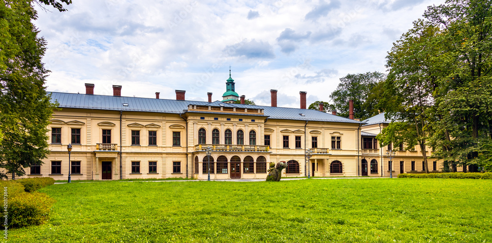 New Zywiec Castle, main south-western wing of Habsburgs Palace within historic park in Zywiec old town city center in Silesia region of Poland