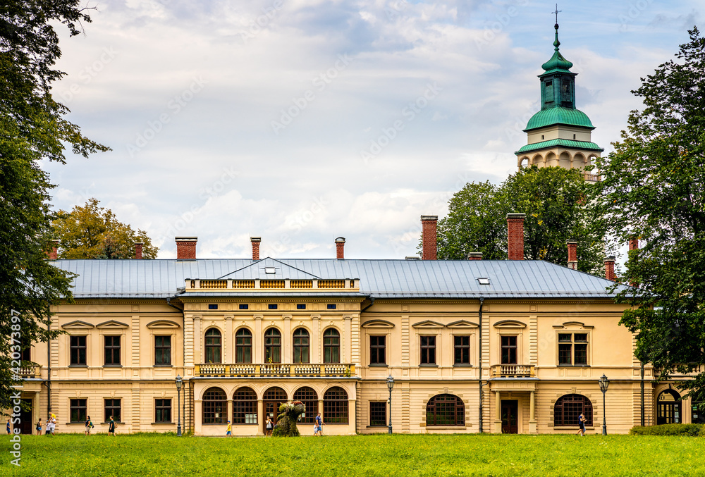 Fototapeta premium New Zywiec Castle, main south-western wing of Habsburgs Palace within historic park in Zywiec old town city center in Silesia region of Poland