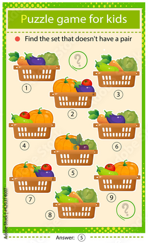 Find a set that does not have a pair. Puzzle for kids. Matching game, education game for children. Baskets of vegetables. Cabbage, beetroot, tomato, eggplant, pumpkin, carrot, zucchini