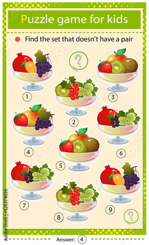 Find a set that does not have a pair. Puzzle for kids. Matching game, education game for children. Vases with fruits and berries. Worksheet to develop attention.