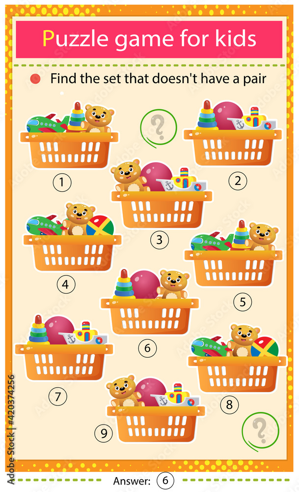 Find a set that does not have a pair. Puzzle for kids. Matching game, education game for children. Baskets with toys. Worksheet to develop attention. Find a set that does not have a pair. Puzzle for kids. Matching game, education game for children. Baskets with toys. Worksheet to develop attention.