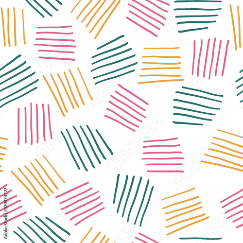 Seamless abstract pattern with different thin stripes. Vector illustration with colorful lines on white background