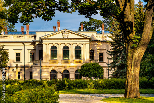 Fototapeta Naklejka Na Ścianę i Meble -  New Zywiec Castle, south-eastern wing of Habsburgs Palace within historic park in Zywiec old town city center in Silesia region of Poland