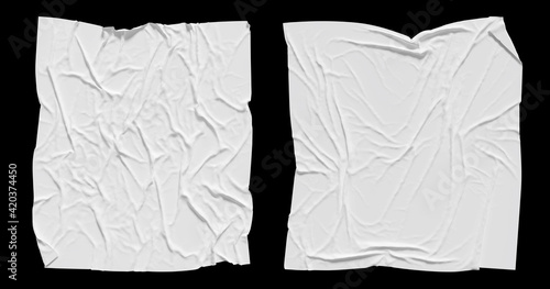 White wrinkled poster template set. Isolated mockup of glued paper with folded corners. photo