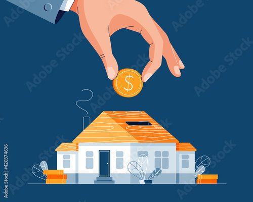 Save money for a house buying vector illustration. Businessman's hand puts the money into house piggy bank for saving money for property purchase. Real estate investment concept for banner. Flat style