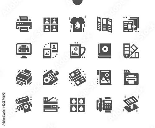 Print. Photo album. Printer, printing, machine and photocopying. Printing business cards. Color palette. Vector Solid Icons. Simple Pictogram
