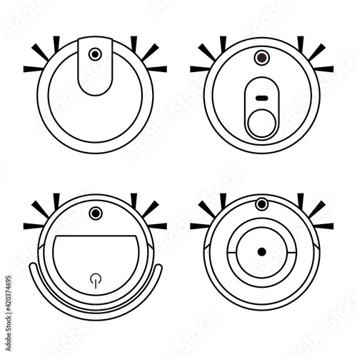 Set of Robot vacuum cleaners. Household cleaning equipment. Vector illustration in outline style isolated on white background.