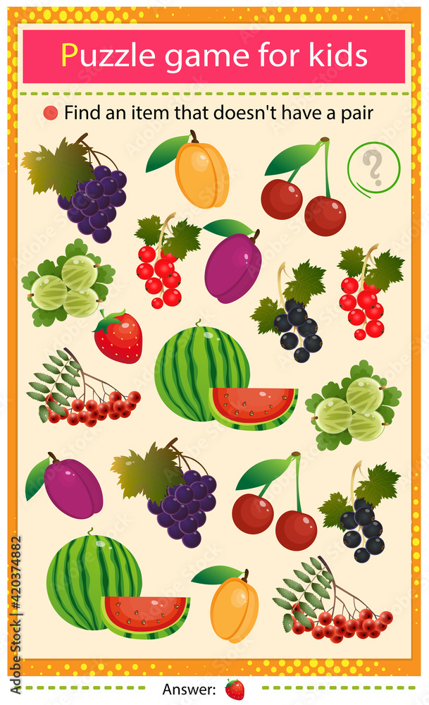 Vecteur Stock Find a item that does not have a pair. Puzzle for kids.  Matching game, education game for children. Color set of berries and  fruits. Worksheet to develop attention. | Adobe