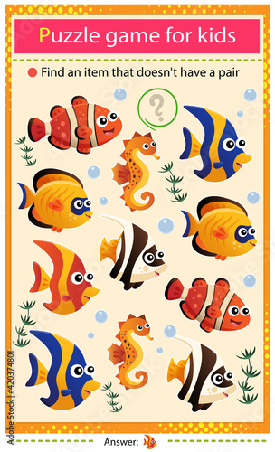 Find a item that does not have a pair. Puzzle for kids. Matching game, education game for children. Color images of aquarium fishes. Worksheet to develop attention.