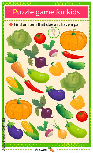 Find a veggie that does not have a pair. Puzzle for kids. Matching game, education game for children. Color set of vegetables. Cabbage, beetroot, radish, pepper, tomato, cucumber and pumpkin