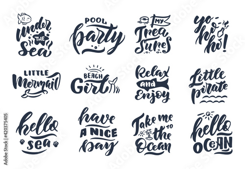 Set of vintage is about Ocean party emblems and phrases.