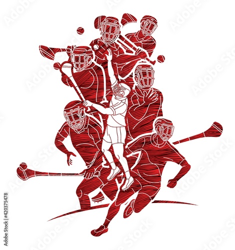 Hurling sport players action. Hurley sport cartoon graphic vector