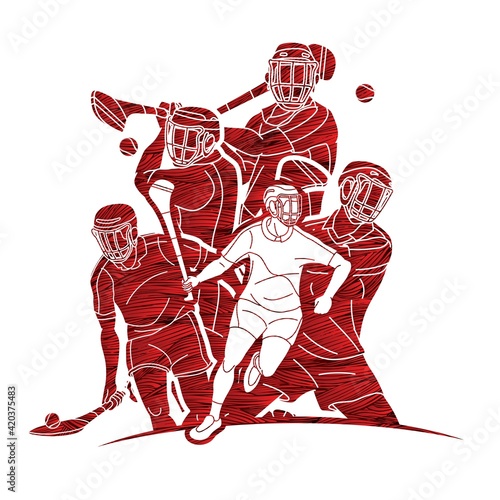 Hurling sport players action. Hurley sport cartoon graphic vector