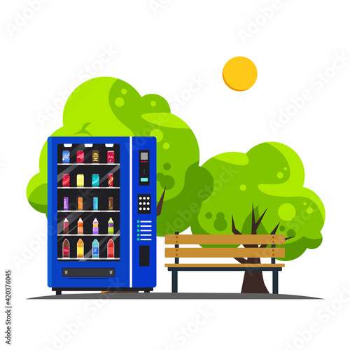 Illustration of a vending machine with assorted drinks outside the garden