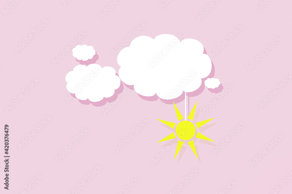 Sun and clouds on a pink background. Illustration of the sun is tied to a cloud. Sun on pink sky Sun and clouds on a pink background. Illustration of the sun is tied to a cloud. Sun on pink sky