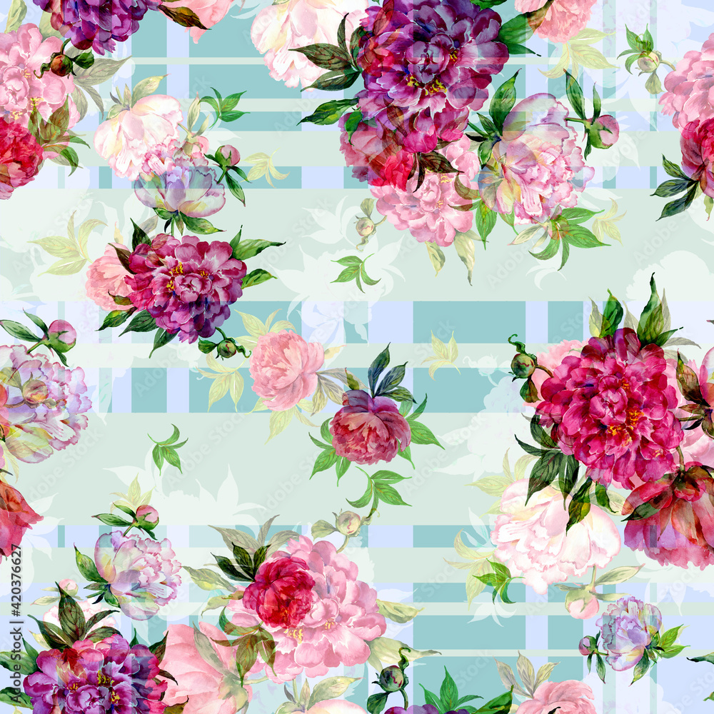 Abstract floral seamless pattern painted with paints lovely peonies with foliage