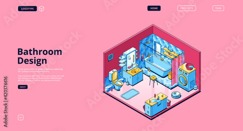 Bathroom design isometric landing page, empty room