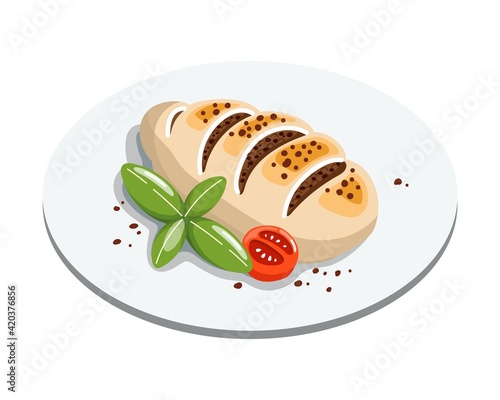 Grilled bbq squid seafood plate. Stuffed calamari seafood dish with basil and cherry tomato. Cartoon vector illustration.