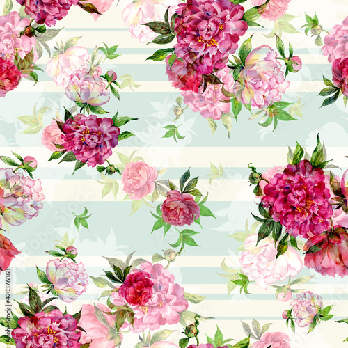 Abstract floral seamless pattern painted with paints lovely peonies with foliage