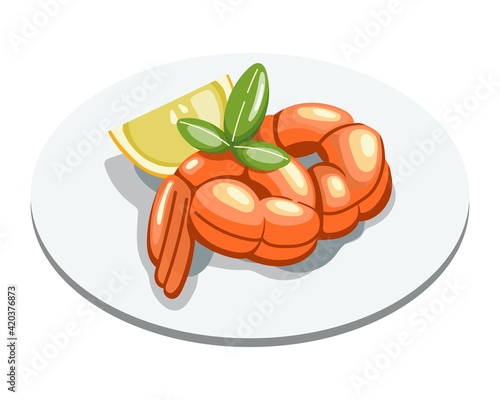 Grilled bbq shrimps seafood plate. King or tiger prawns dish with basil and lemon. Cartoon vector illustration.