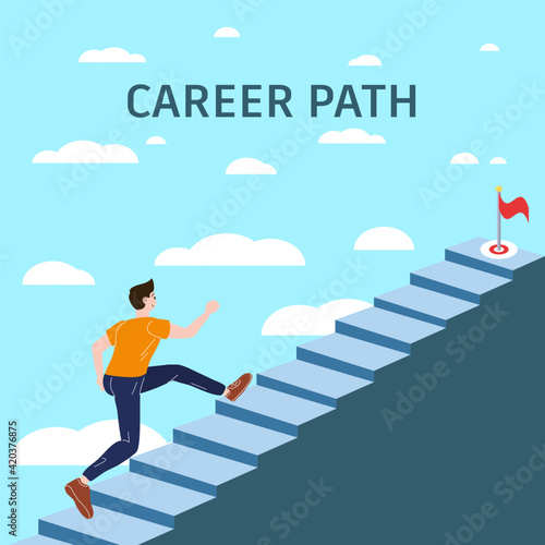 Career Path Young man running up stairway to target. Cuccessful choice employeeman move up path success. Vector illustration