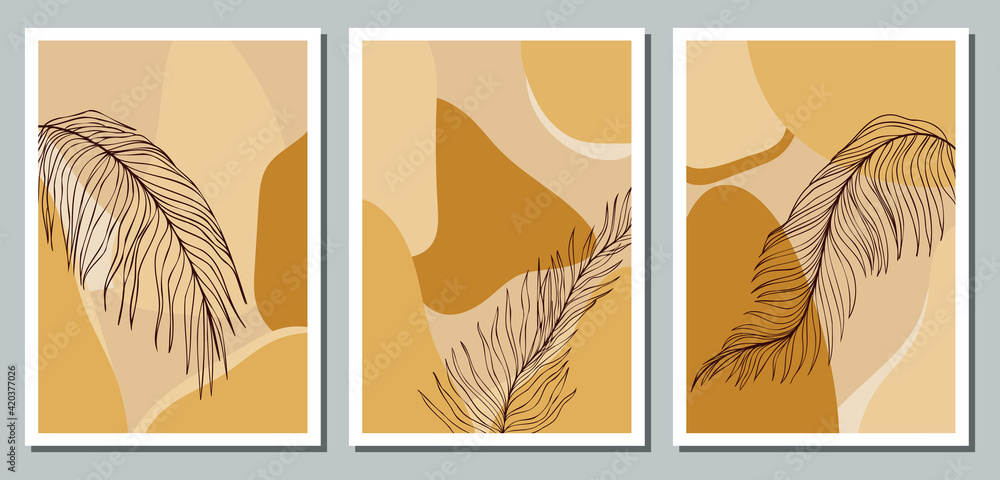 A set of three minimalist pastel posters. Backgrounds for social networks, web design, interiors. Vintage cute illustrations with plants, thin black lines leaves, various geometric shapes. A set of three minimalist pastel posters. Backgrounds for social networks, web design, interiors. Vintage cute illustrations with plants, thin black lines leaves, various geometric shapes.