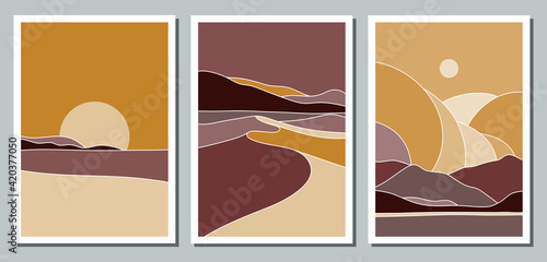 A set of three identical panoramic posters. Backgrounds for interior design, social media, marketing, advertising, covers. Vintage illustrations in boho style with sea, mountains, dunes, desert.