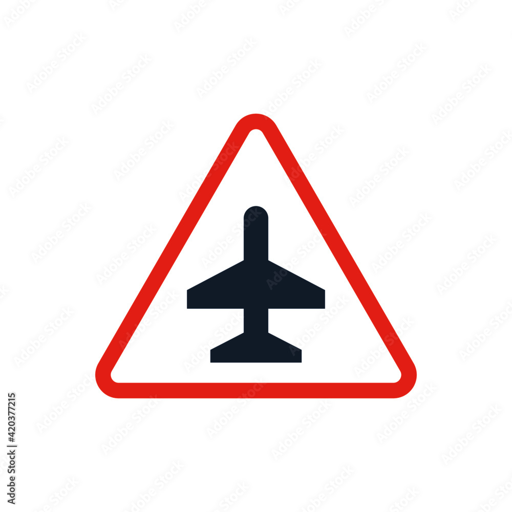 Airport warning sign, red triangle airport traffic sign, airplane traffic sign icon, isolated on white background Airport warning sign, red triangle airport traffic sign, airplane traffic sign icon, isolated on white background