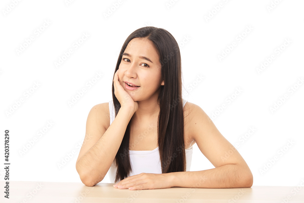 woman has a smiling face and bright skin tone woman has a smiling face and bright skin tone