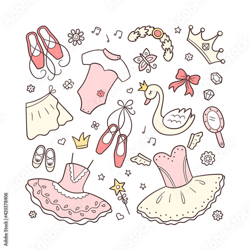 Set of ballet accessories for little ballerina. Hand drawn tutu, pointes, ballet dress, swan, crown. Isolated vector illustration in doodle style on white background