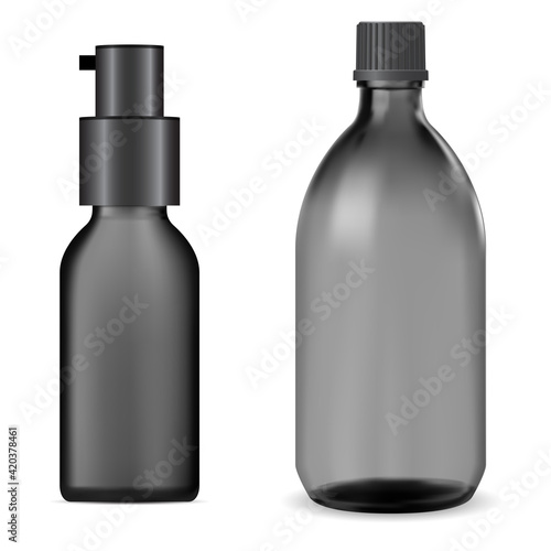 Black glass bottle. Syrup jar mockup, liquid vitamin flask, oil essence. Medical tincture vial, plastic screw cap, pharmaceutical packaging. Serum bottle blank, realistic container