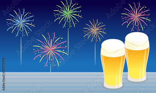ビールと花火のベクターイラスト風景(背景)