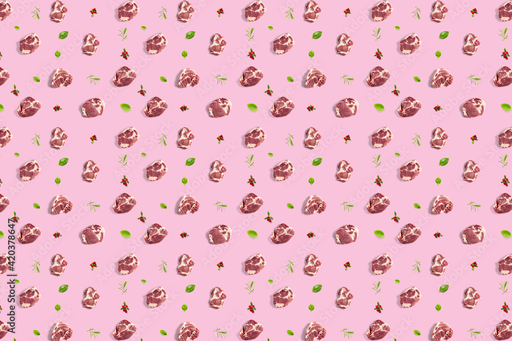 background with raw pork meat slices on pink background, raw food background, not pattern modern creative, flatlay